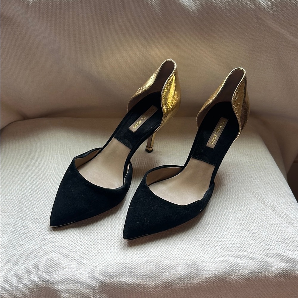 Michael Kors Black and Gold Suede Pumps